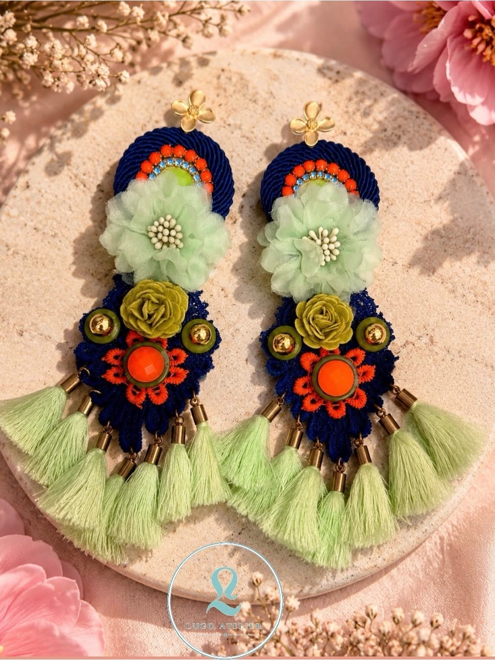 Statement Floral Tassel Earrings in Mint and Navy
